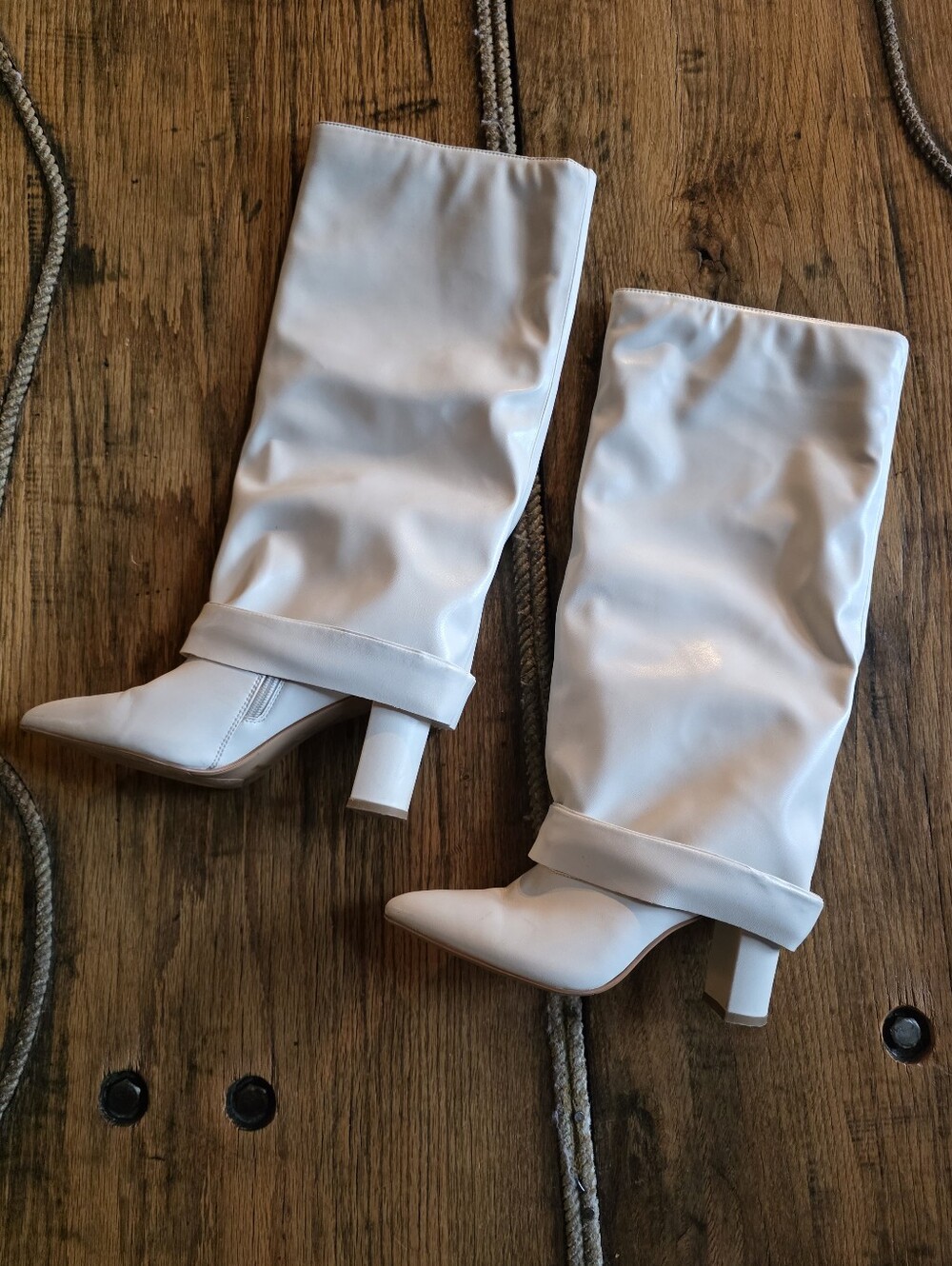 Modatope Mid Calf Cream Block Heel Boots Womens 7.5